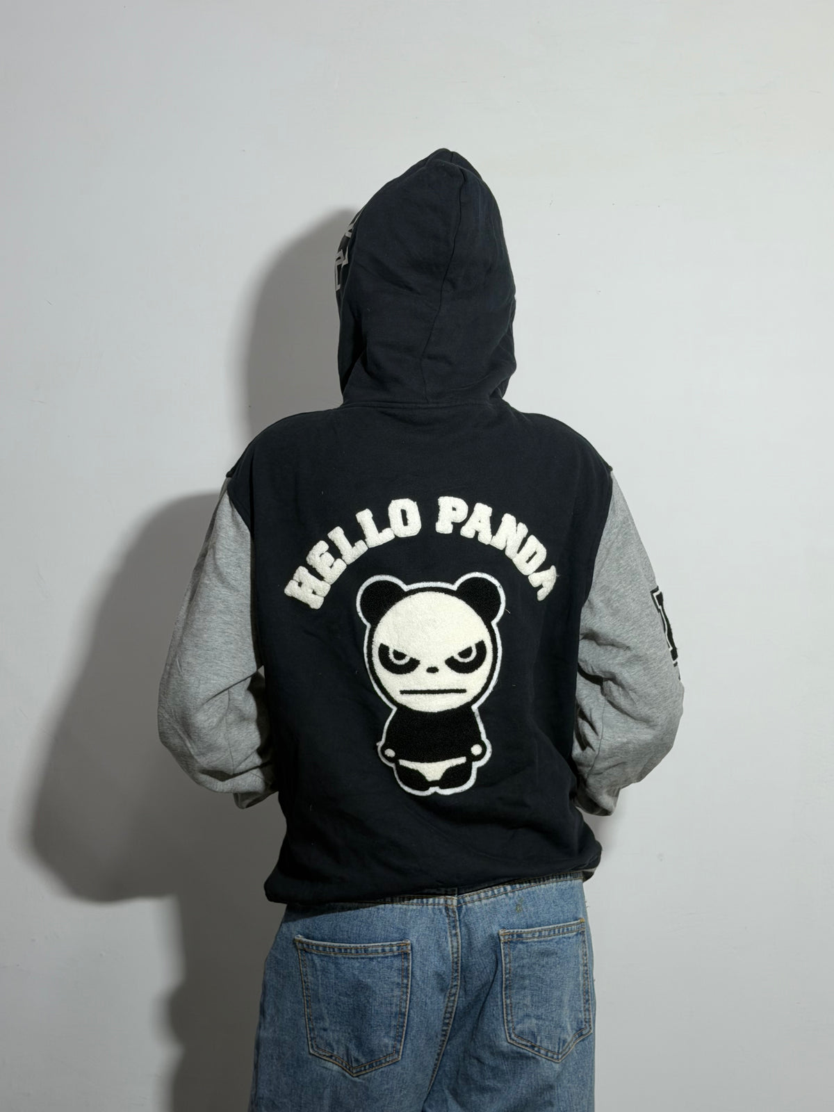 Unisex Black & Heather Gray Relaxed Fit Hooded Varsity Jacket