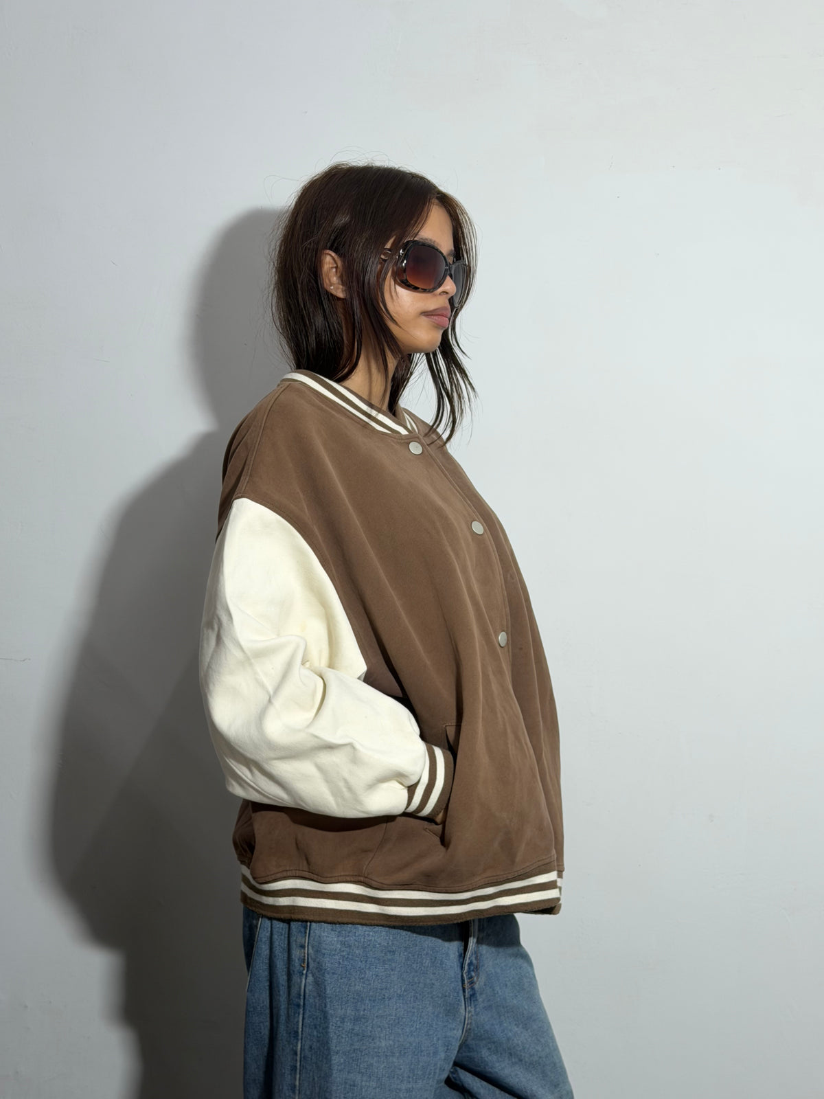 Unisex Mocha Brown & Cream Oversized Varsity Jacket
