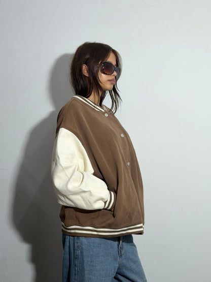 Unisex Mocha Brown & Cream Oversized Varsity Jacket