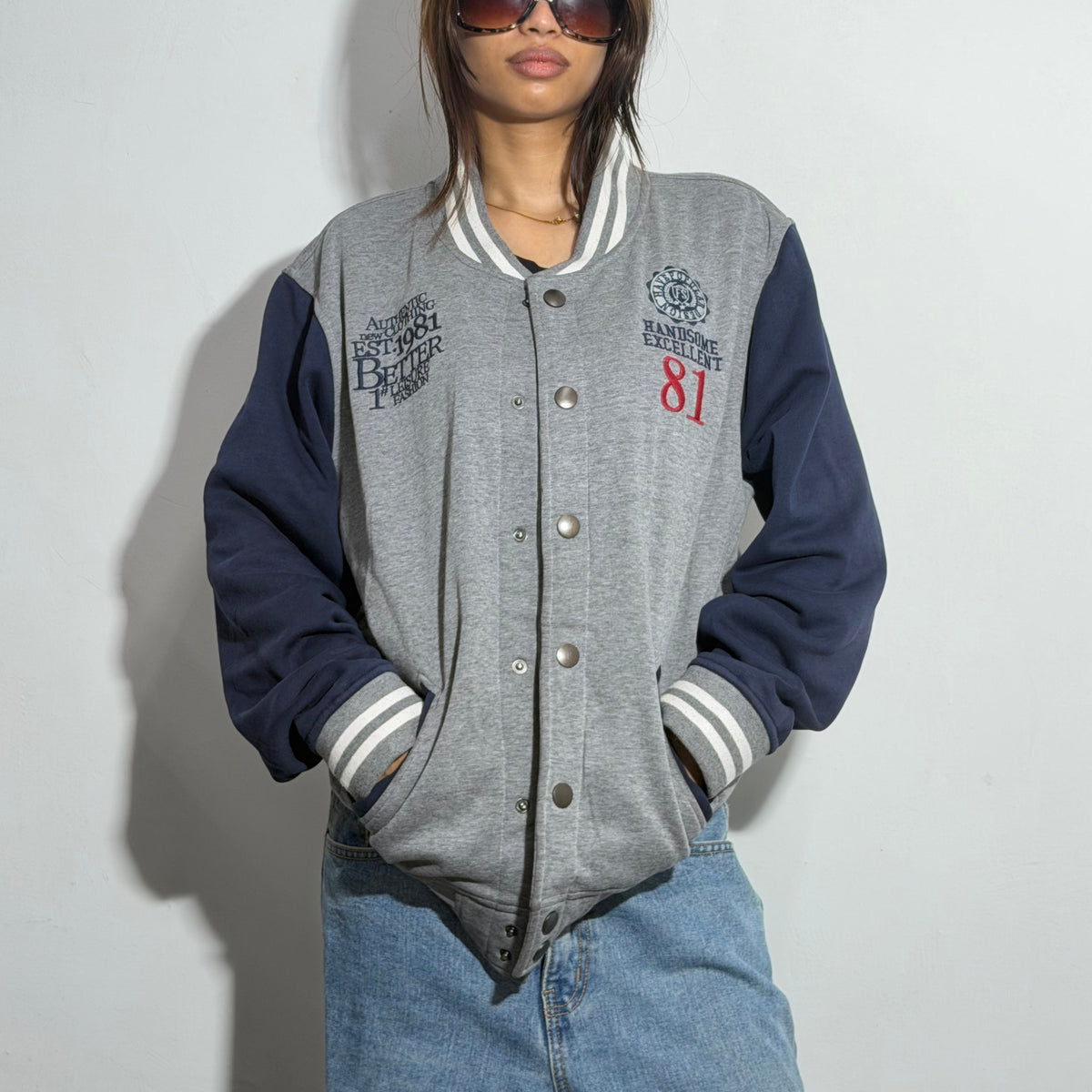 Unisex Heather Gray & Navy Relaxed Fit ‘81’ Varsity Jacket