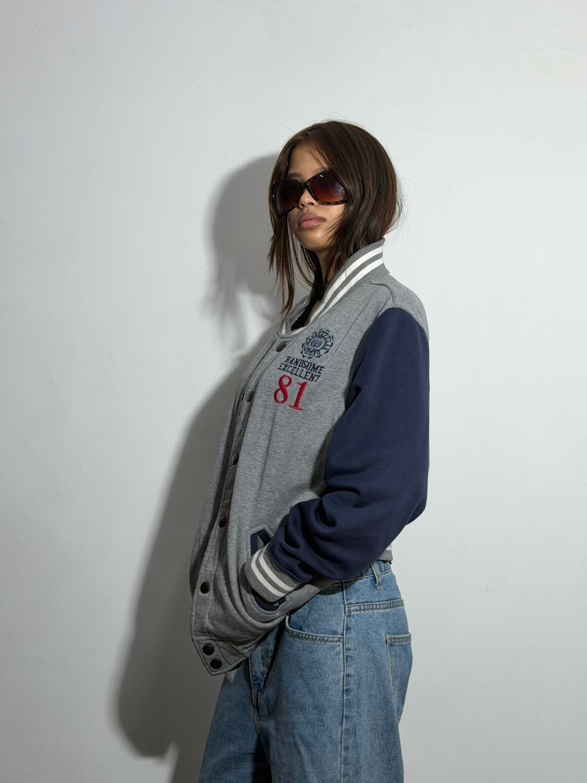 Unisex Heather Gray & Navy Relaxed Fit ‘81’ Varsity Jacket