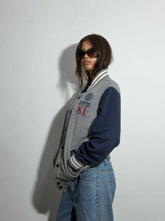 Unisex Heather Gray & Navy Relaxed Fit ‘81’ Varsity Jacket