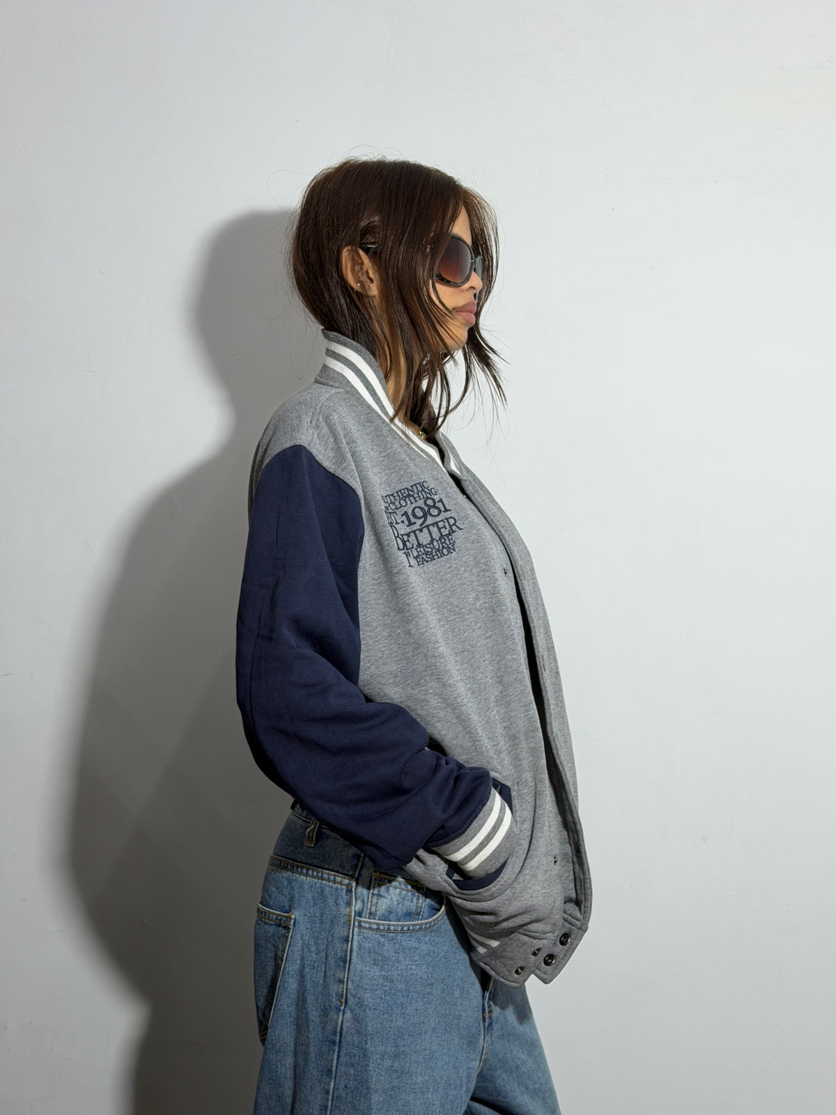 Unisex Heather Gray & Navy Relaxed Fit ‘81’ Varsity Jacket
