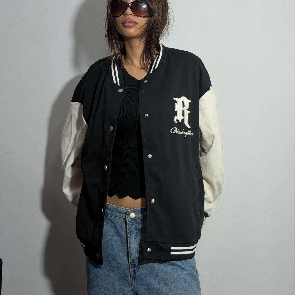 Unisex Black & Beige Oversized Patch Varsity Jacket