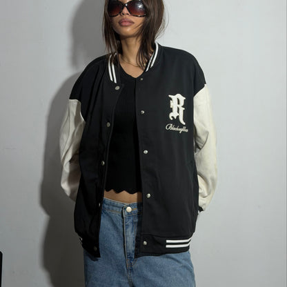 Unisex Black & Beige Oversized Patch Varsity Jacket