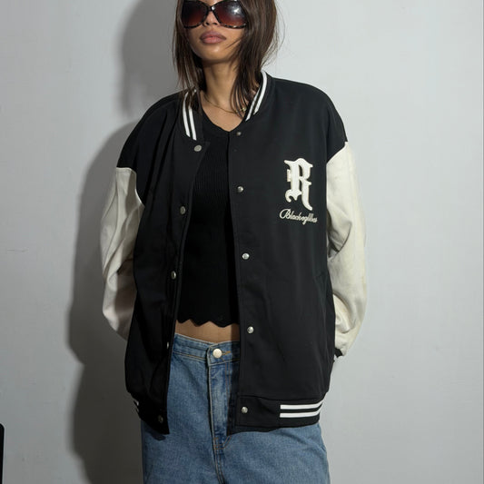 Unisex Black & Beige Oversized Patch Varsity Jacket
