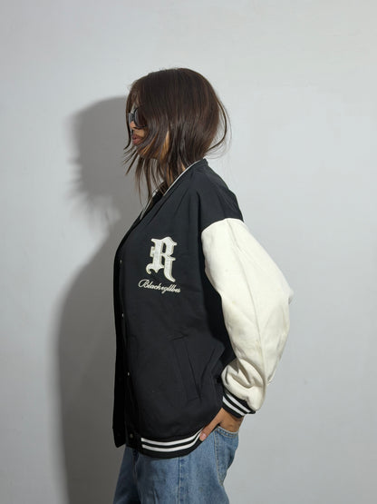 Unisex Black & Beige Oversized Patch Varsity Jacket