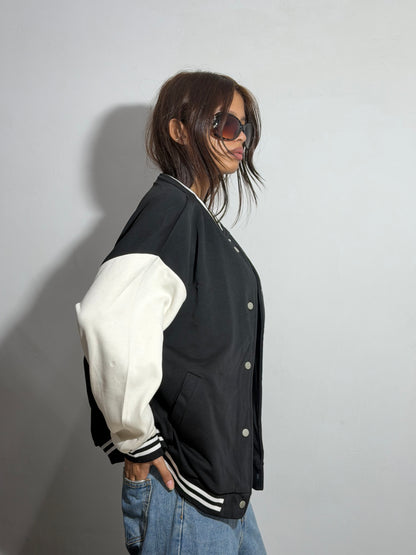 Unisex Black & Beige Oversized Patch Varsity Jacket