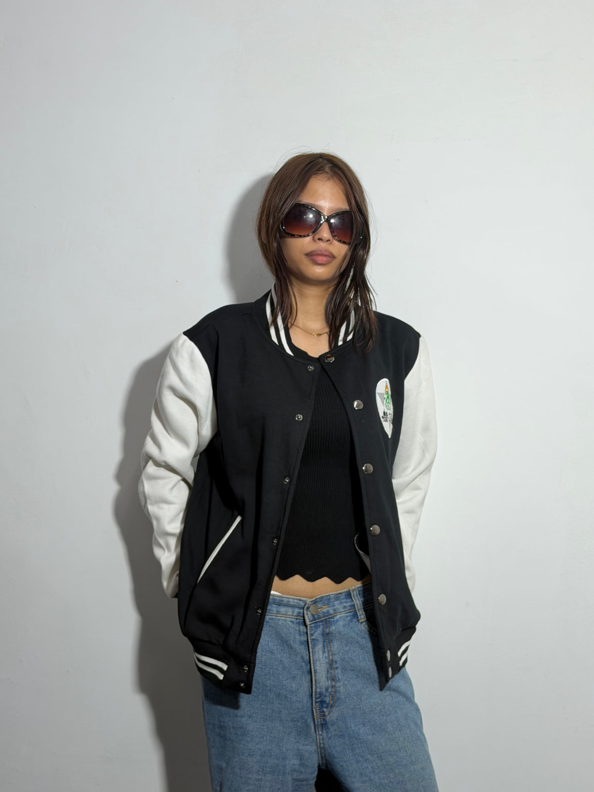 Unisex Black & White Relaxed Fit Embroidered Card Suit Varsity Jacket