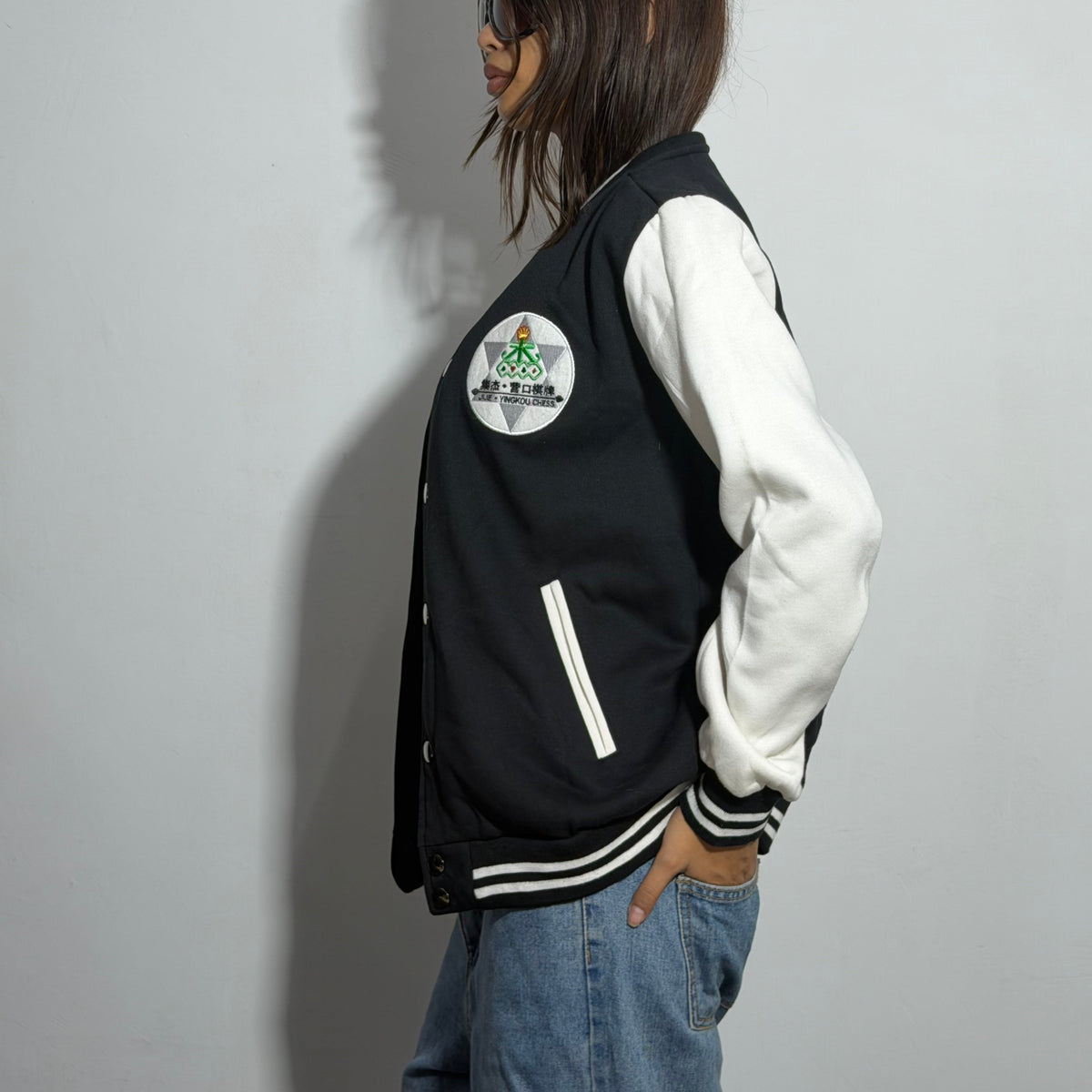 Unisex Black & White Relaxed Fit Embroidered Card Suit Varsity Jacket