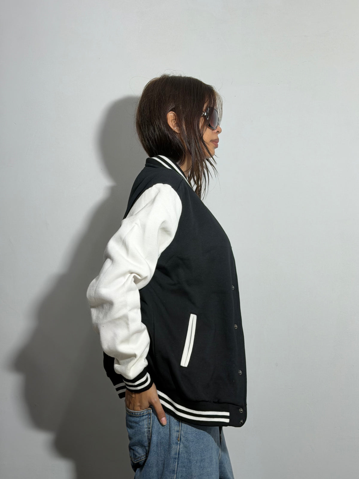 Unisex Black & White Relaxed Fit Embroidered Card Suit Varsity Jacket