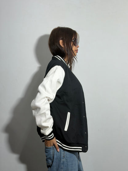 Unisex Black & White Relaxed Fit Embroidered Card Suit Varsity Jacket