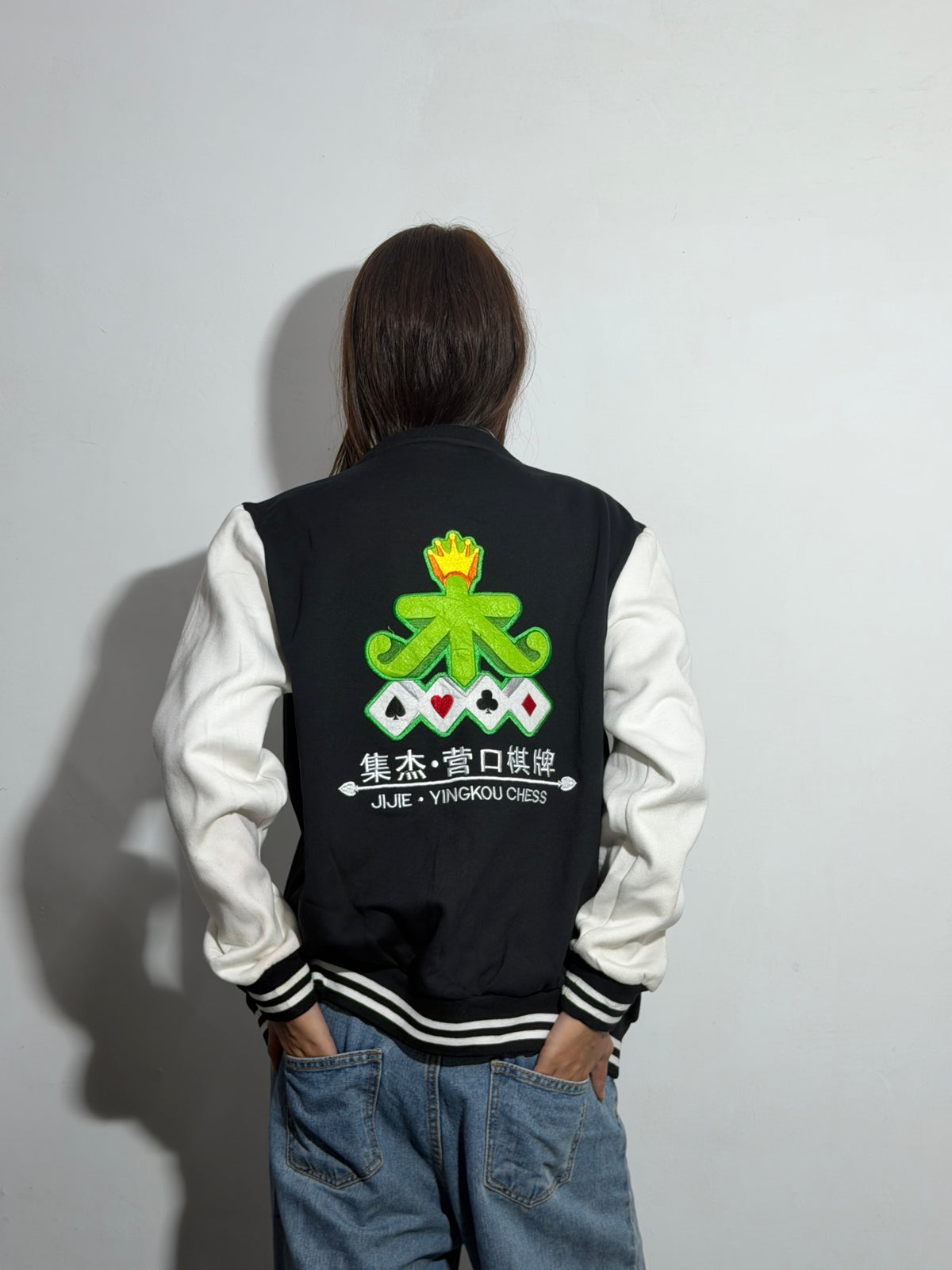Unisex Black & White Relaxed Fit Embroidered Card Suit Varsity Jacket