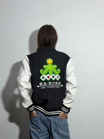 Unisex Black & White Relaxed Fit Embroidered Card Suit Varsity Jacket
