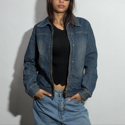 Women’s Dark Blue Fitted Studded Zip-Up Denim Jacket