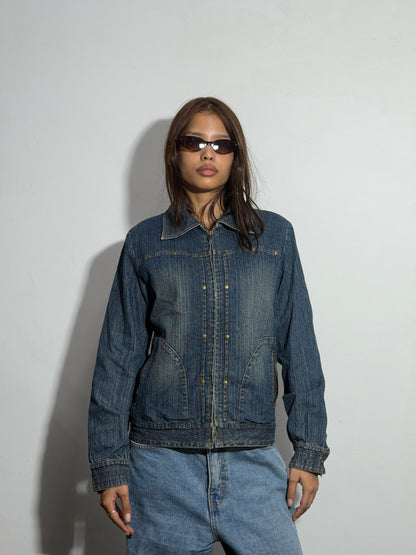 Women’s Dark Blue Fitted Studded Zip-Up Denim Jacket