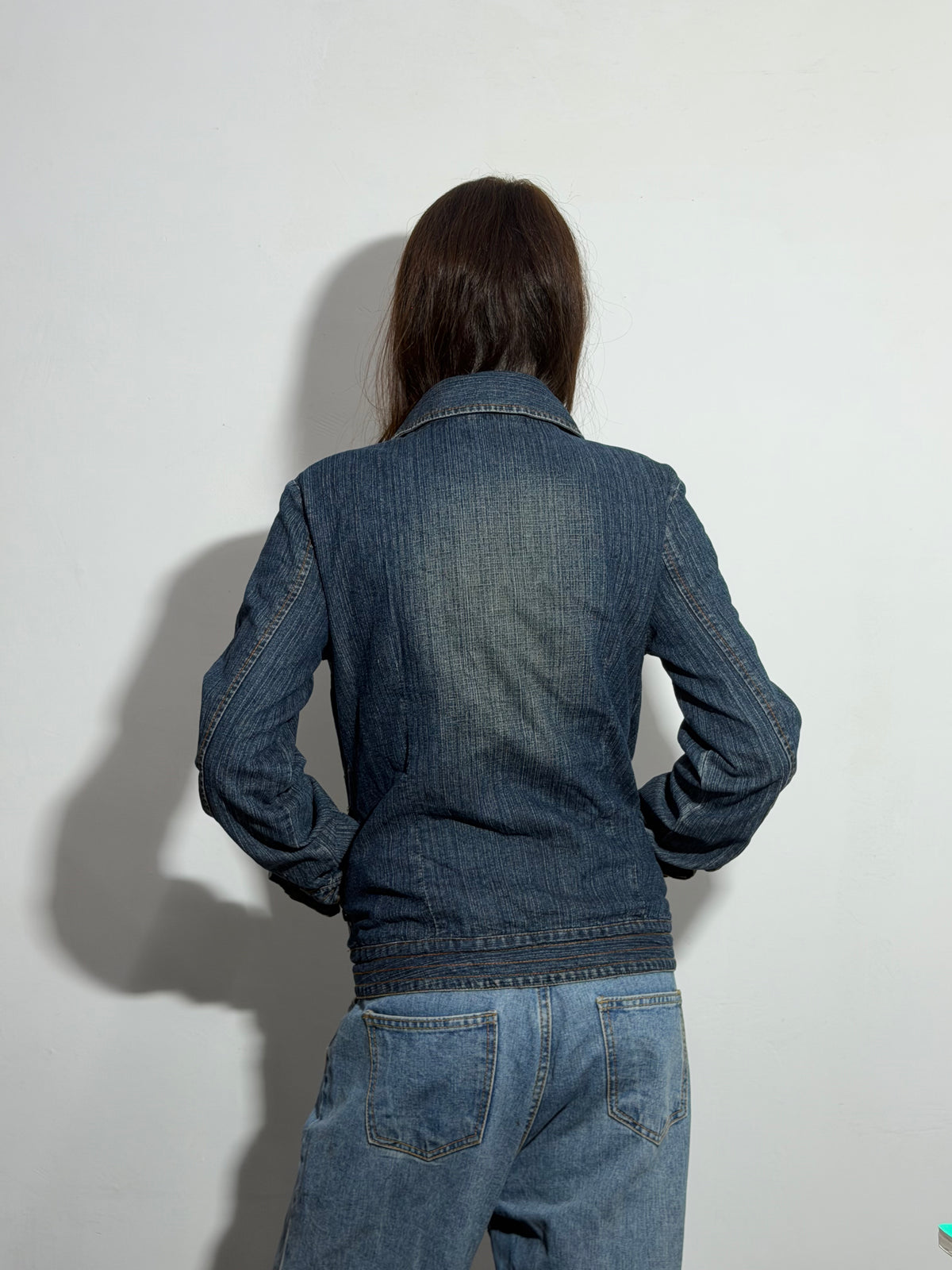 Women’s Dark Blue Fitted Studded Zip-Up Denim Jacket