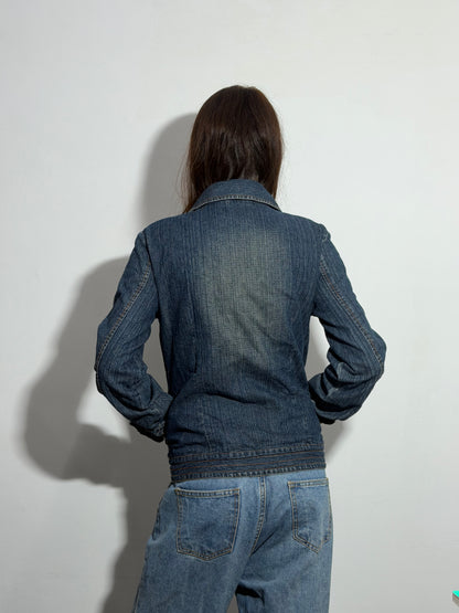 Women’s Dark Blue Fitted Studded Zip-Up Denim Jacket