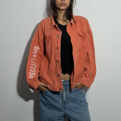 Women’s Washed Coral Oversized Sleeve Graphic Denim Jacket
