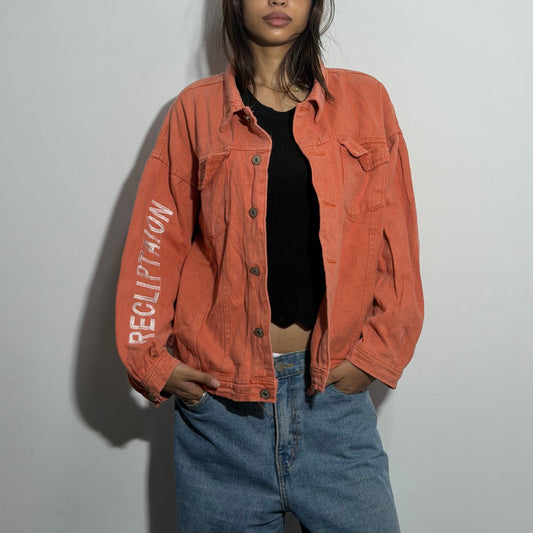 Women’s Washed Coral Oversized Sleeve Graphic Denim Jacket