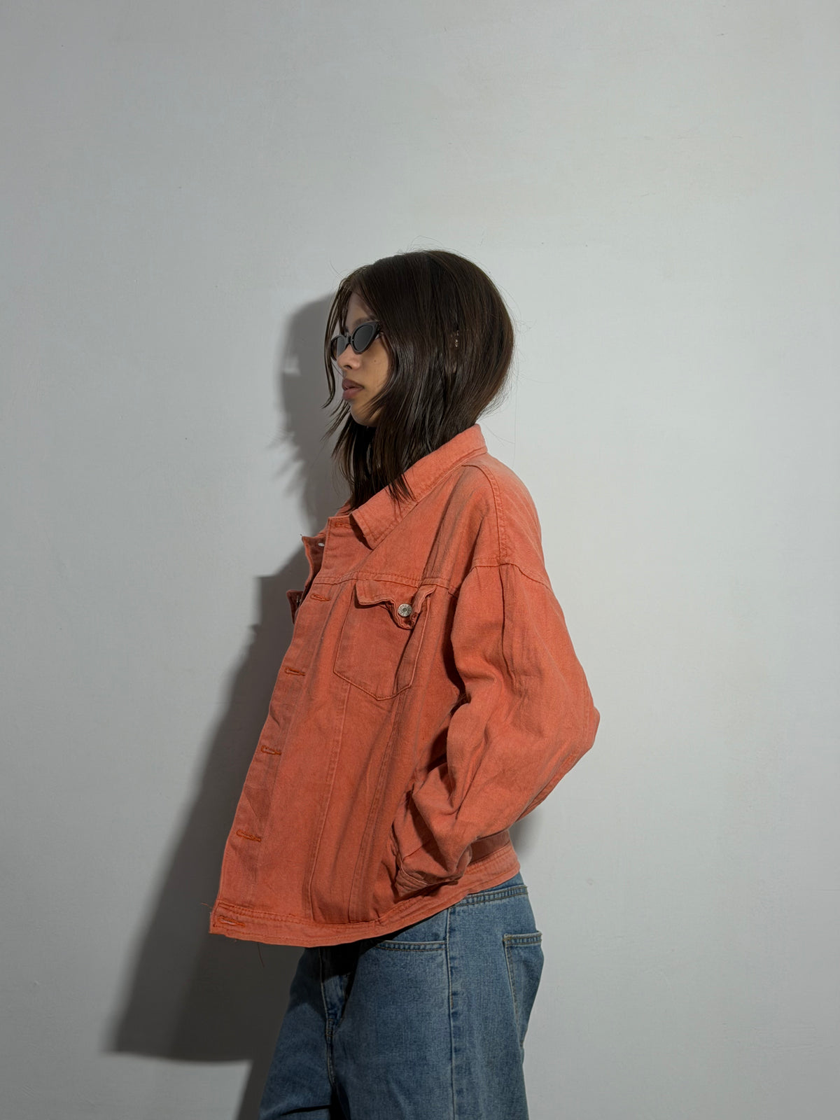 Women’s Washed Coral Oversized Sleeve Graphic Denim Jacket