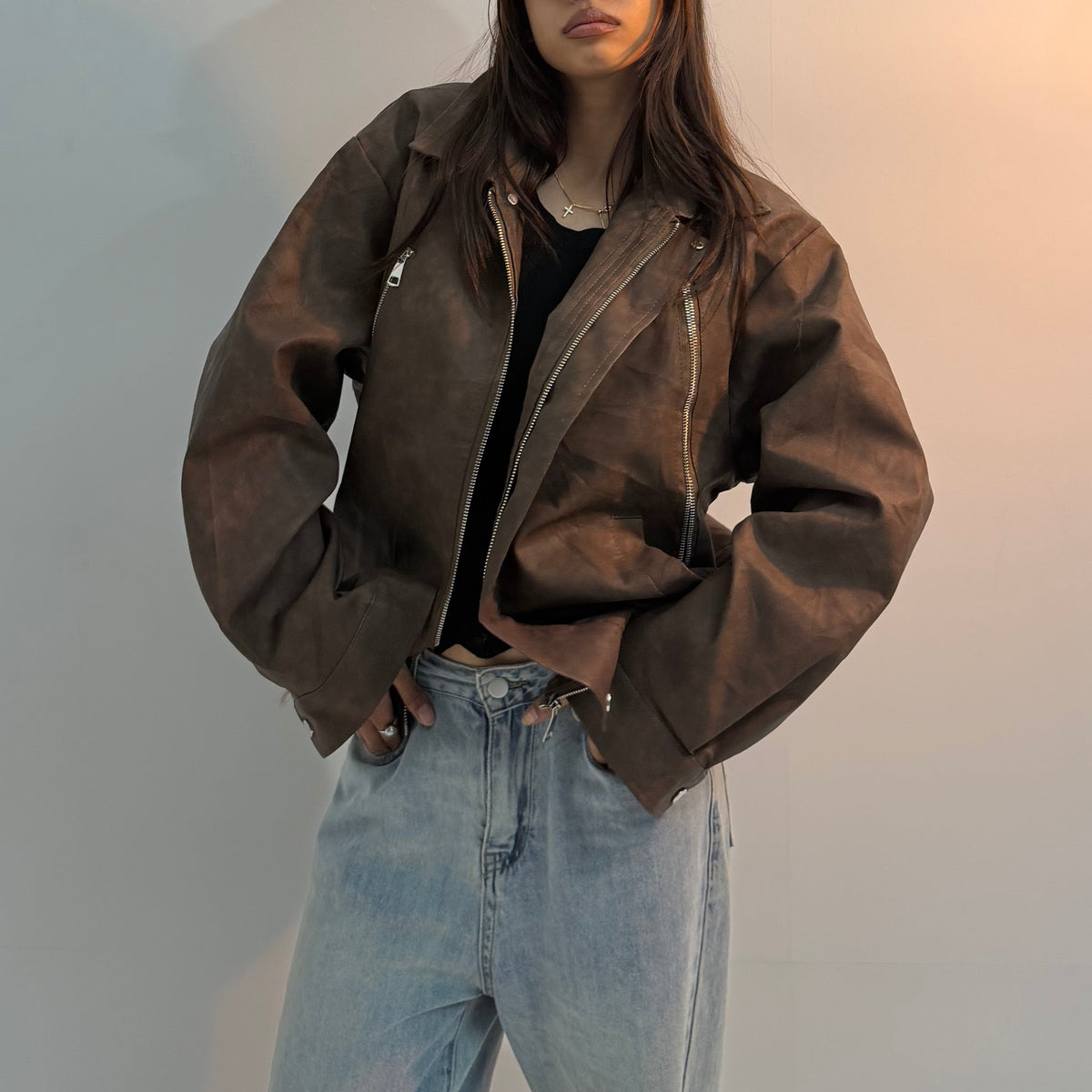 Women’s Vintage Distressed Brown Oversized Moto Leather Jacket