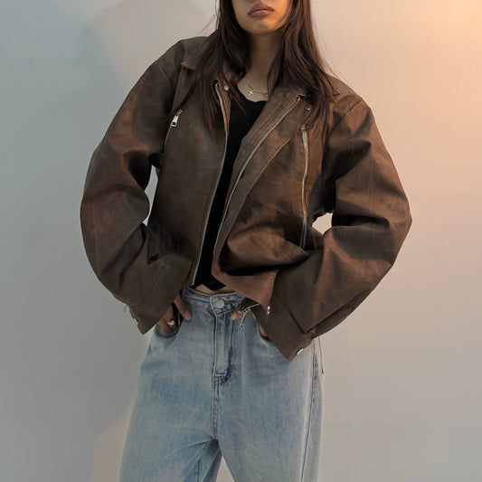 Women’s Vintage Distressed Brown Oversized Moto Leather Jacket