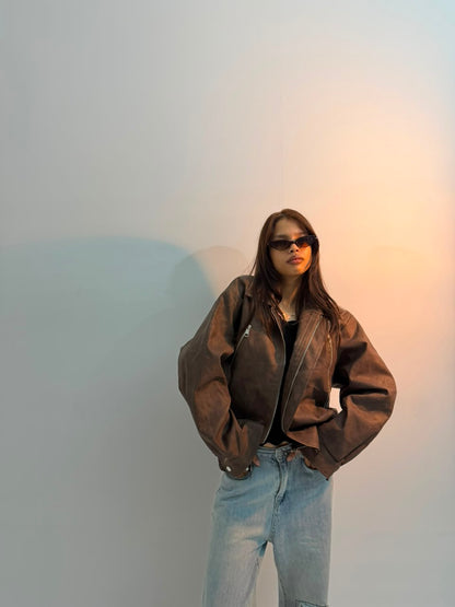 Women’s Vintage Distressed Brown Oversized Moto Leather Jacket