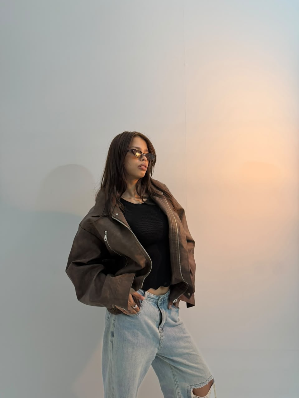 Women’s Vintage Distressed Brown Oversized Moto Leather Jacket