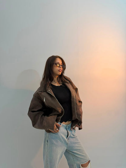 Women’s Vintage Distressed Brown Oversized Moto Leather Jacket
