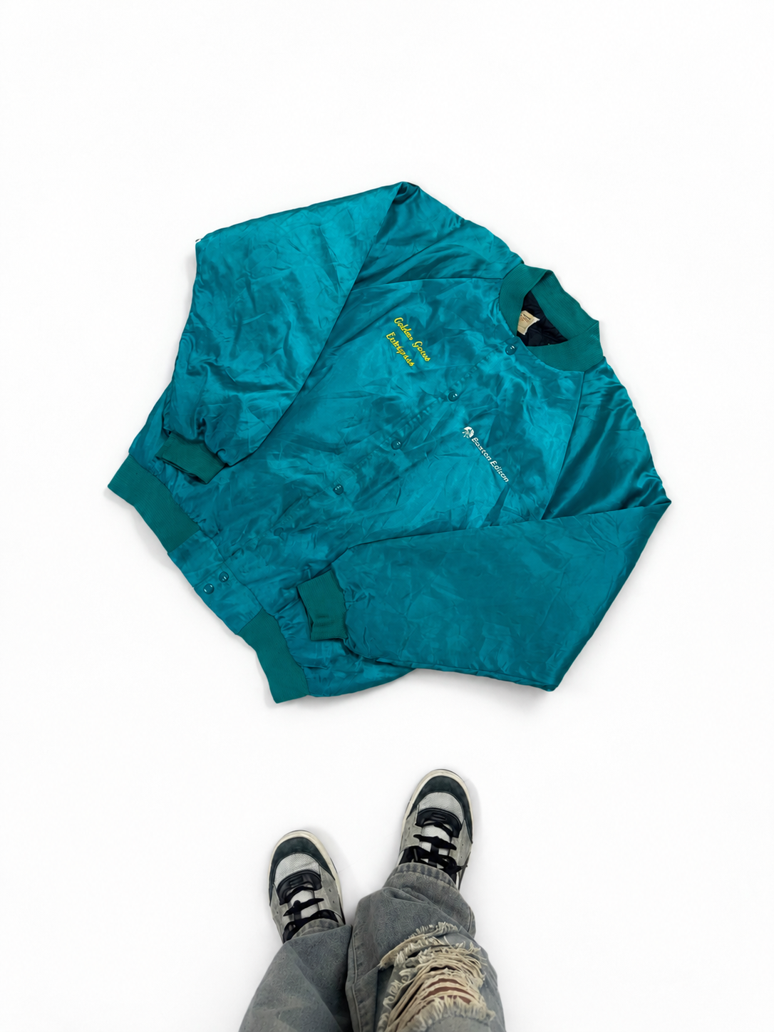 Vintage Unisex Teal Satin Bomber Jacket – Embroidered Snap-Front Windbreaker