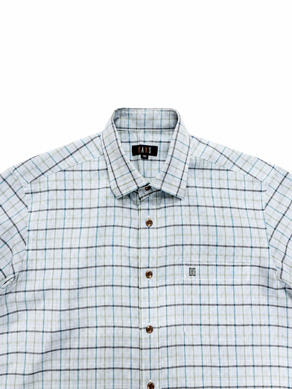 Men's Grey Blue Checkered Short Sleeve Button-Down Shirt