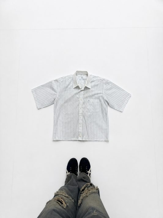 Men's Shirt Short Sleeve Button-Up White & Blue Pinstripe