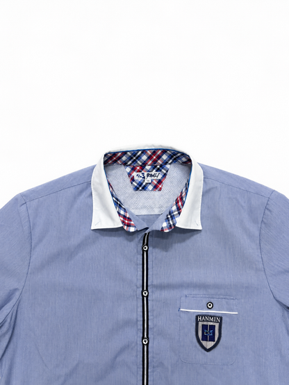 Boys Light Blue Short Sleeve Casual Shirt with Contrast Collar & Crest Pocket Detail