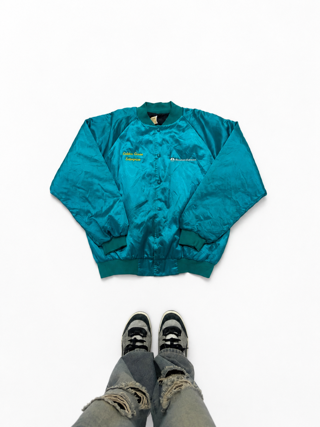 Vintage Unisex Teal Satin Bomber Jacket – Embroidered Snap-Front Windbreaker