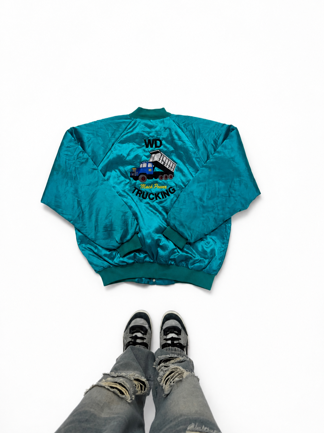 Vintage Unisex Teal Satin Bomber Jacket – Embroidered Snap-Front Windbreaker