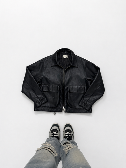 Black Unisex Leather Zip-Up Jacket with Utility Pockets