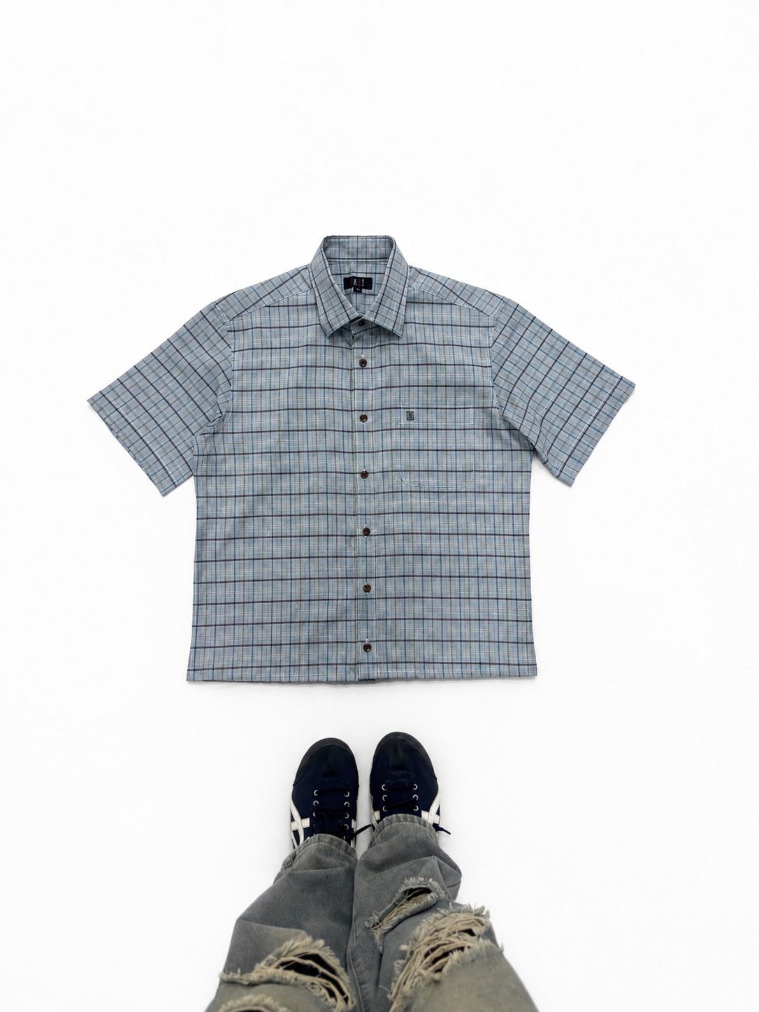 Men's Grey Blue Checkered Short Sleeve Button-Down Shirt
