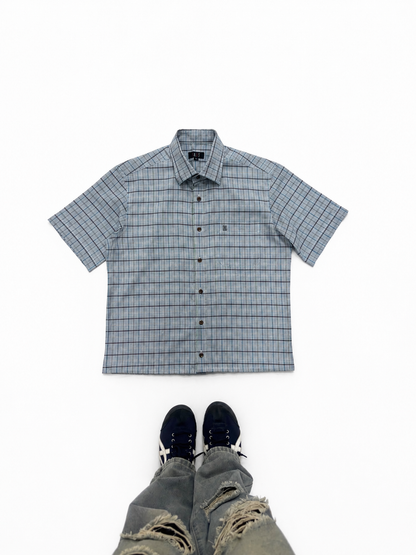 Men's Grey Blue Checkered Short Sleeve Button-Down Shirt