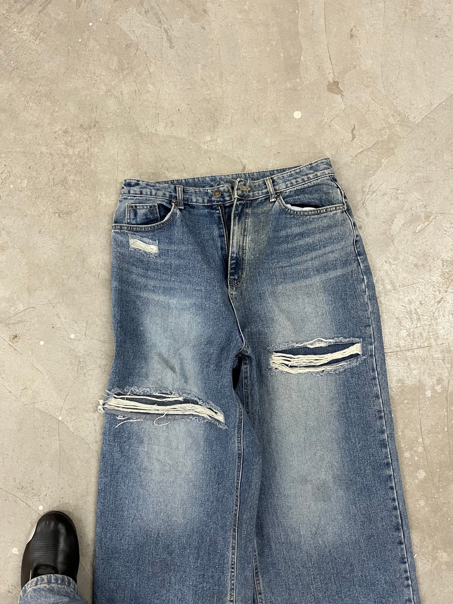 Distressed Washed Blue Wide-Leg Denim