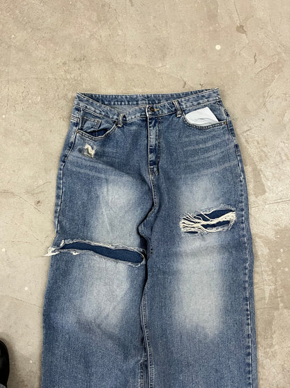 Distressed Vintage Wash Wide-Leg Denim