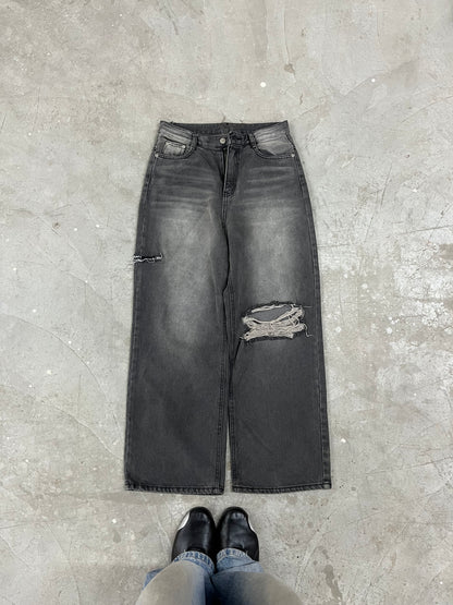 Vintage Washed Charcoal Distressed Wide-Leg Denim